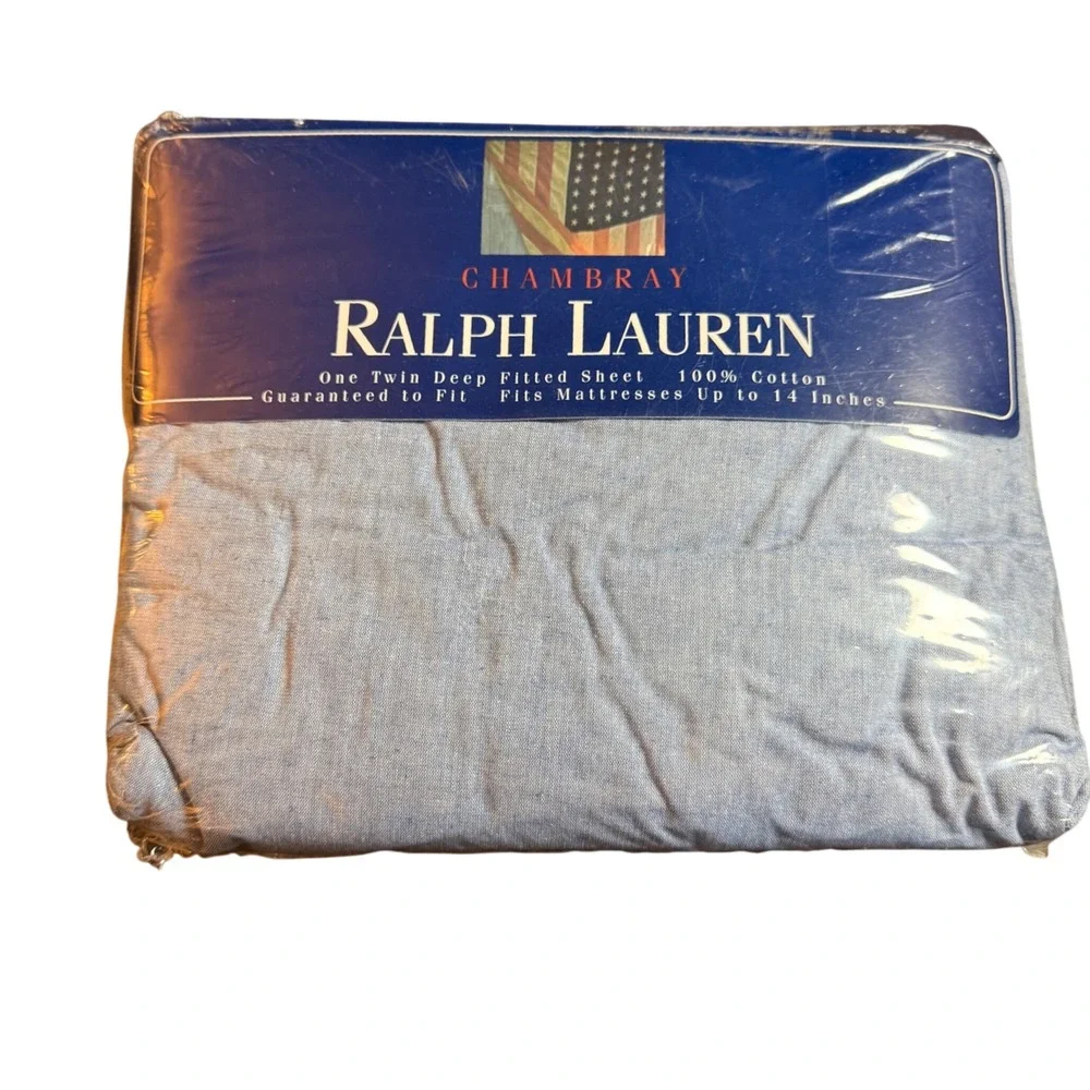 VTG Ralph Lauren Chambray Twin Fitted Sheet Blue Denim Cotton USA Flag NIP NOS